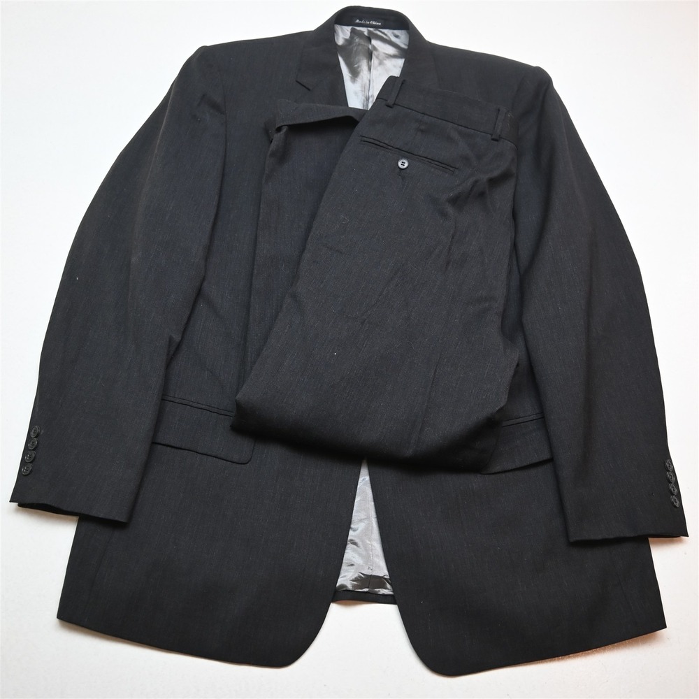Vtg Y2K Boxy 2000s 46L 34x30 Gray 100% Wool Mens Jacket Pants Suit